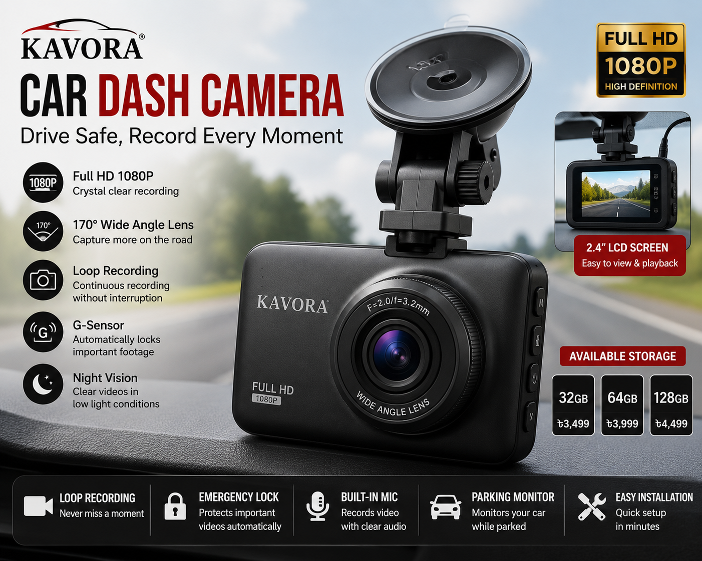 KAVORA Full HD Car Dash Camera